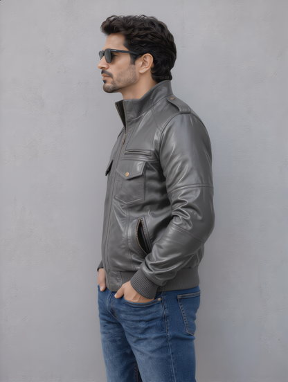 Biker Leather Jacket -Gray