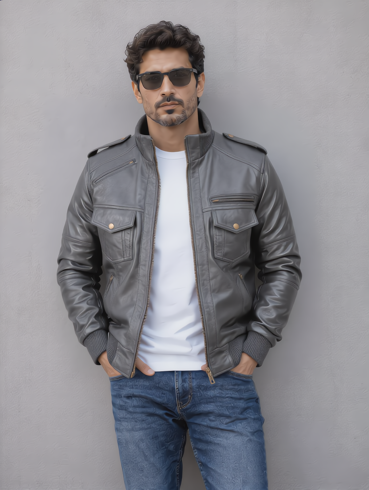 Biker Leather Jacket -Gray