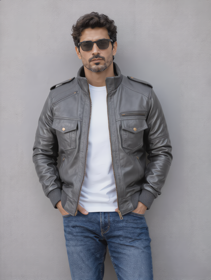 Biker Leather Jacket -Gray