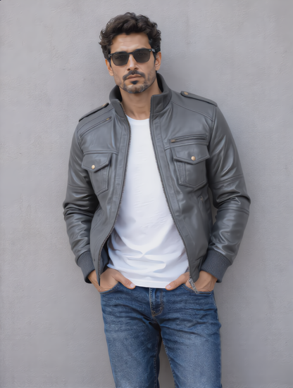 Biker Leather Jacket -Gray
