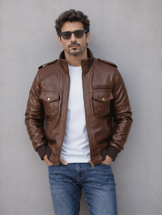 Biker Leather Jacket -Brown