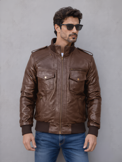 Biker Leather Jacket -Brown
