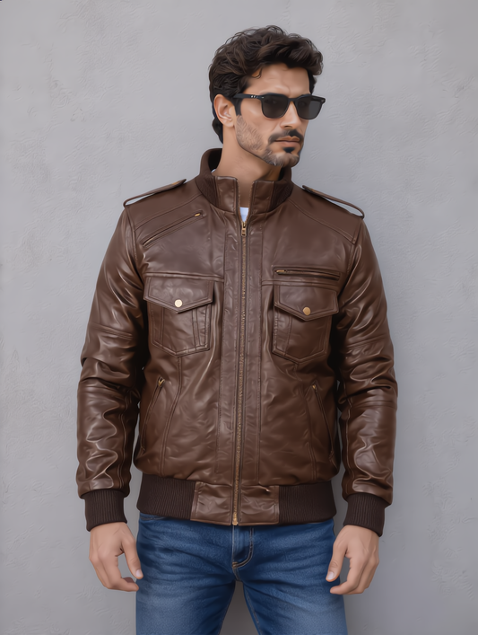 Biker Leather Jacket -Brown