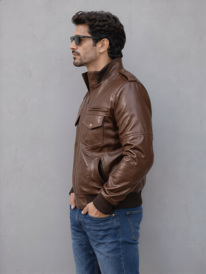 Biker Leather Jacket -Brown