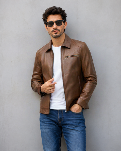 Vintage Collar Leather Jacket - Brown