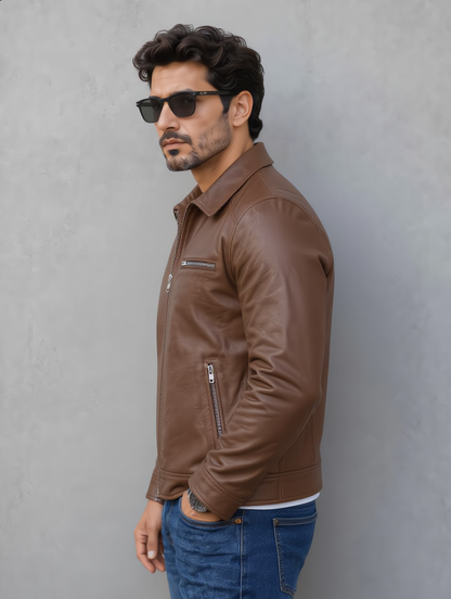 Vintage Collar Leather Jacket - Brown