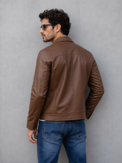 Vintage Collar Leather Jacket - Brown