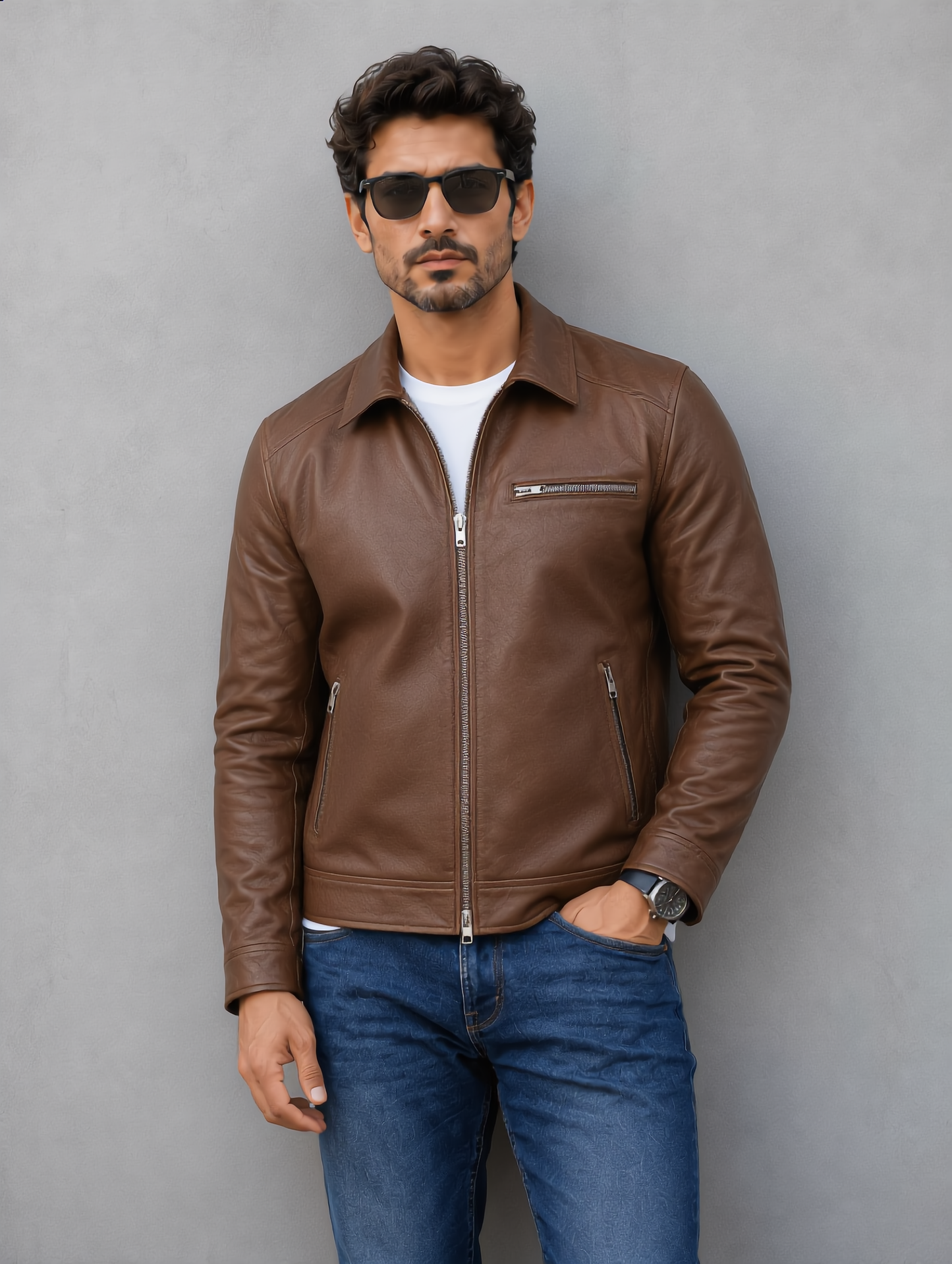 Vintage Collar Leather Jacket - Brown