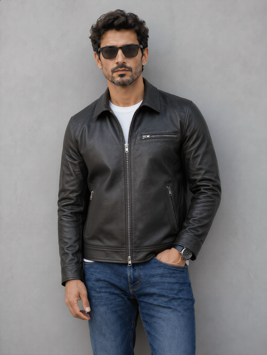 Vintage Collar Leather Jacket - Black