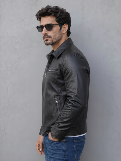 Vintage Collar Leather Jacket - Black