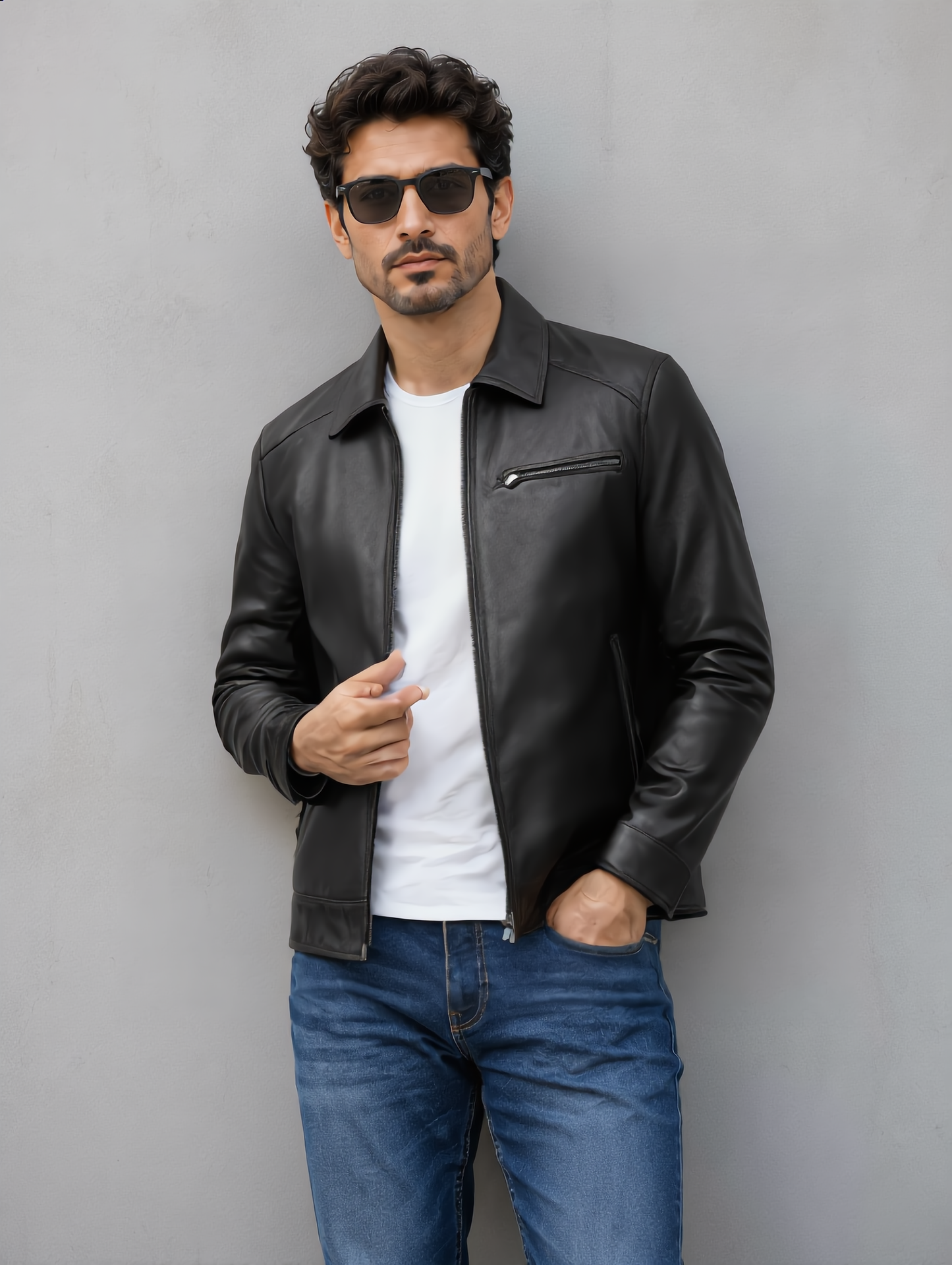 Vintage Collar Leather Jacket - Black