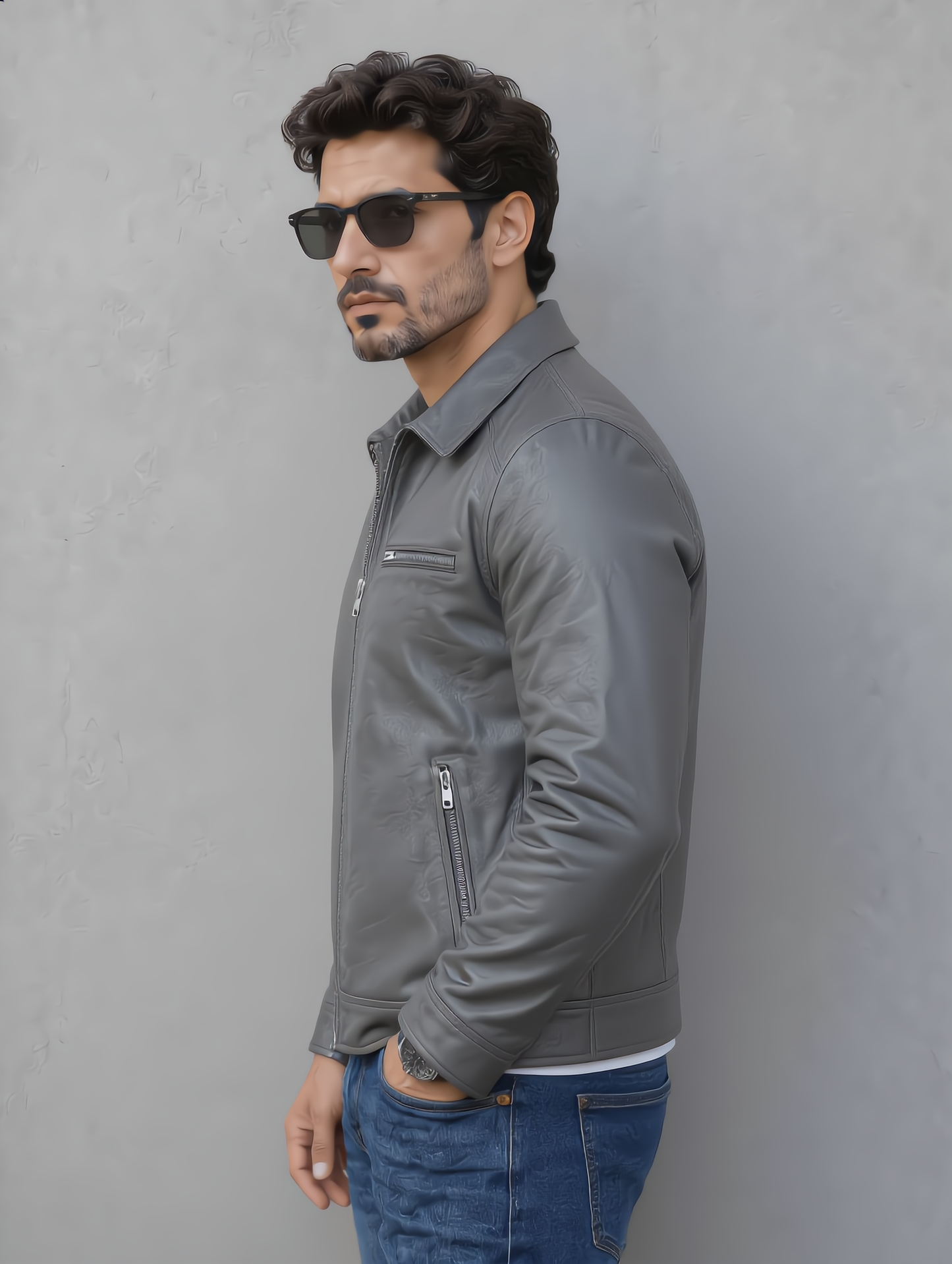 Vintage Collar Leather Jacket - Gray