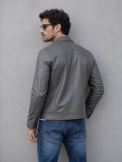 Vintage Collar Leather Jacket - Gray