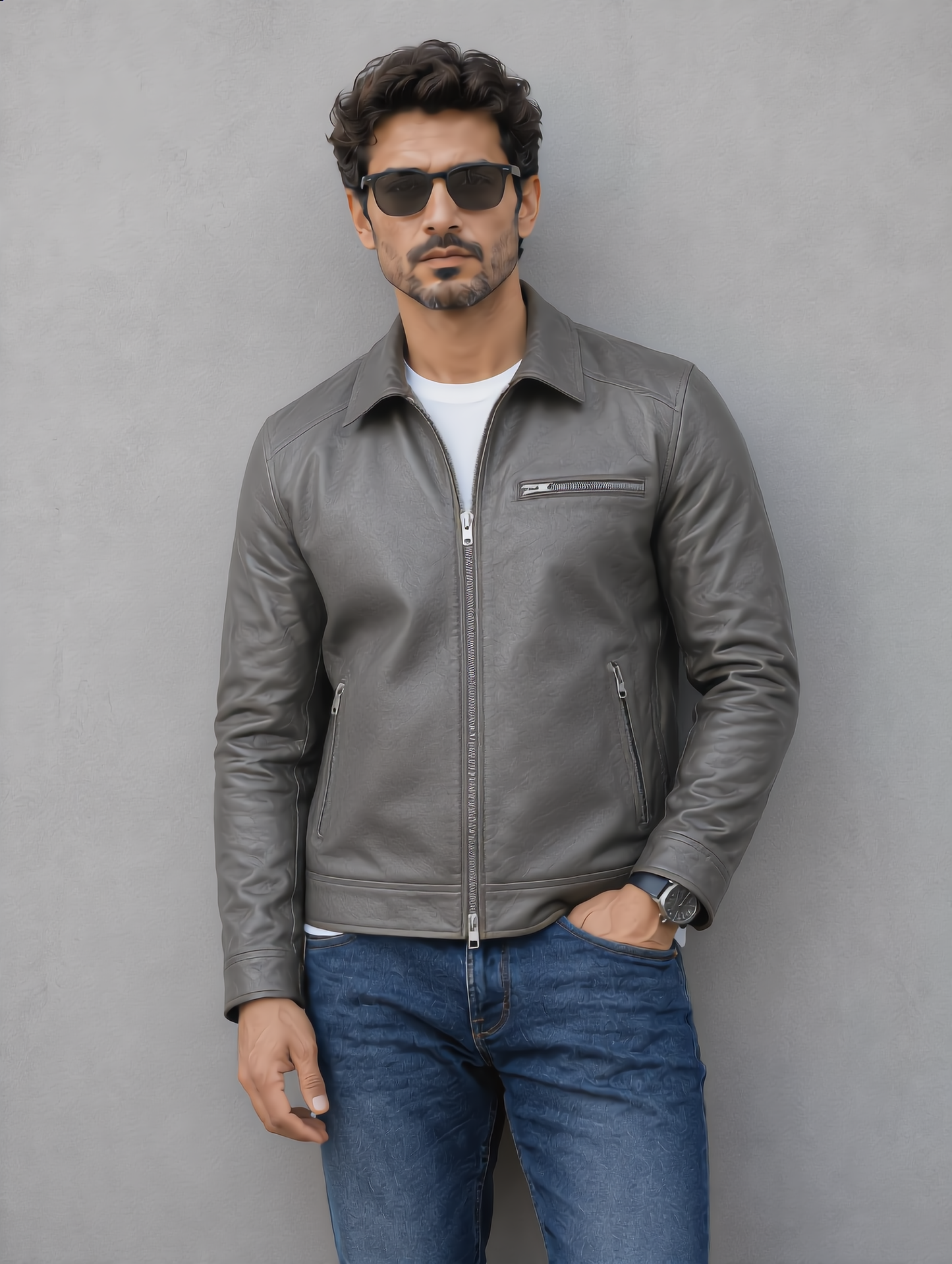 Vintage Collar Leather Jacket - Gray