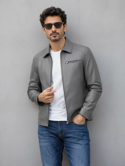 Vintage Collar Leather Jacket - Gray