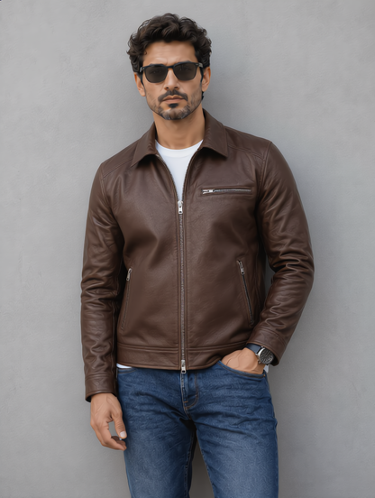 Vintage Collar Leather Jacket - Chocolate