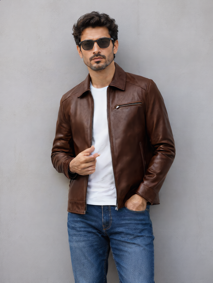 Vintage Collar Leather Jacket - Chocolate