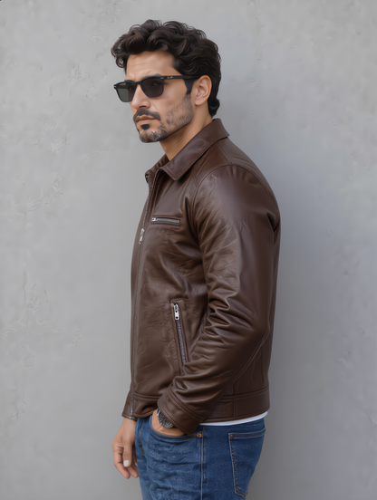 Vintage Collar Leather Jacket - Chocolate