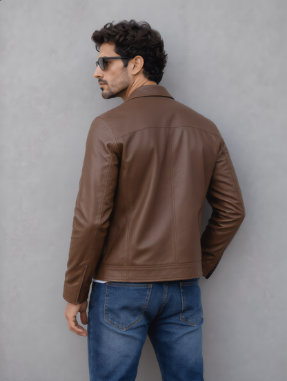 Vintage Collar Leather Jacket - Chocolate