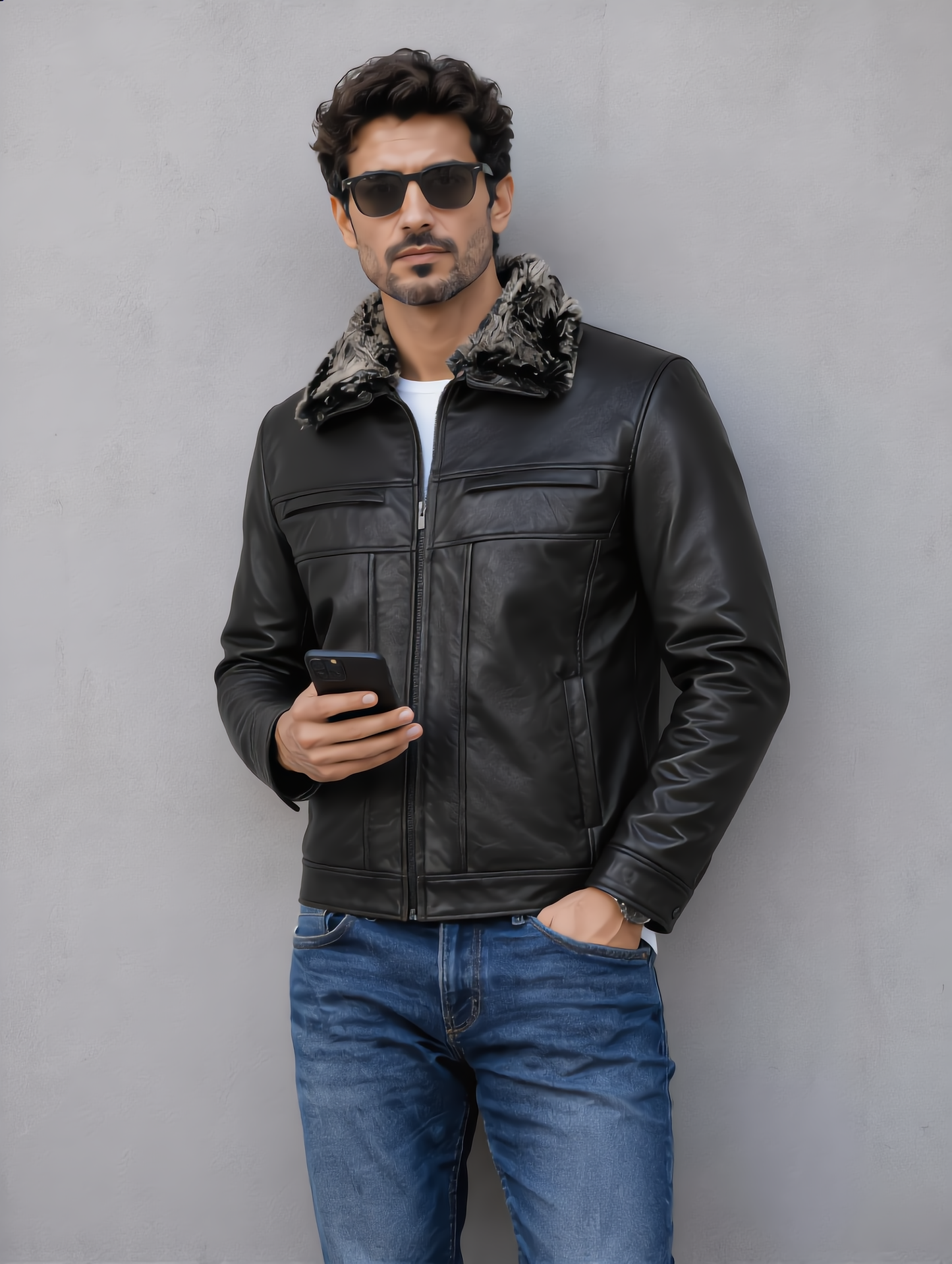 Leather Jacket with Fur Collar - Black