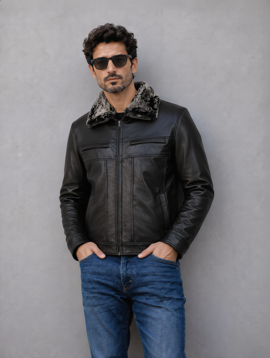 Leather Jacket with Fur Collar - Black