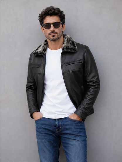Leather Jacket with Fur Collar - Black