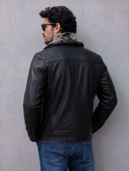 Leather Jacket with Fur Collar - Black