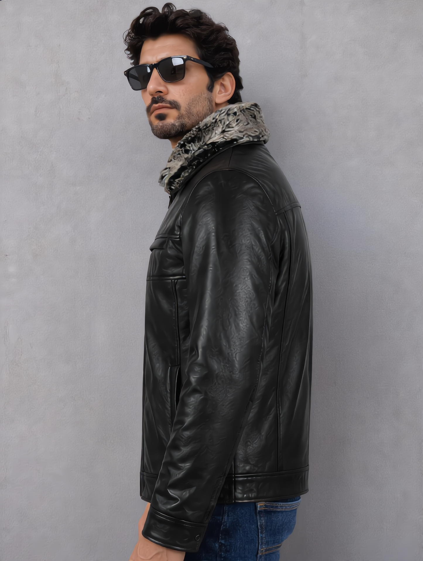 Leather Jacket with Fur Collar - Black