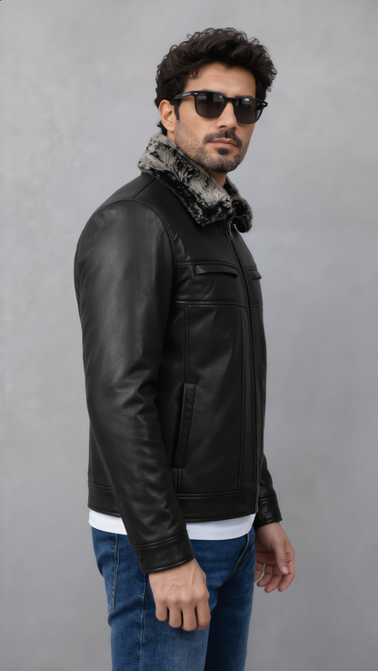 Leather Jacket with Fur Collar - Black