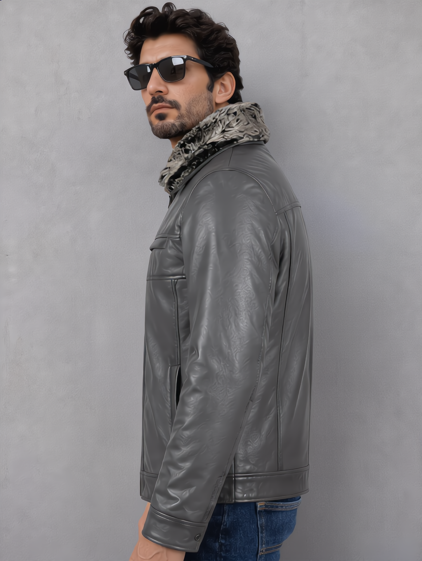 Leather Jacket with Fur Collar - Gray