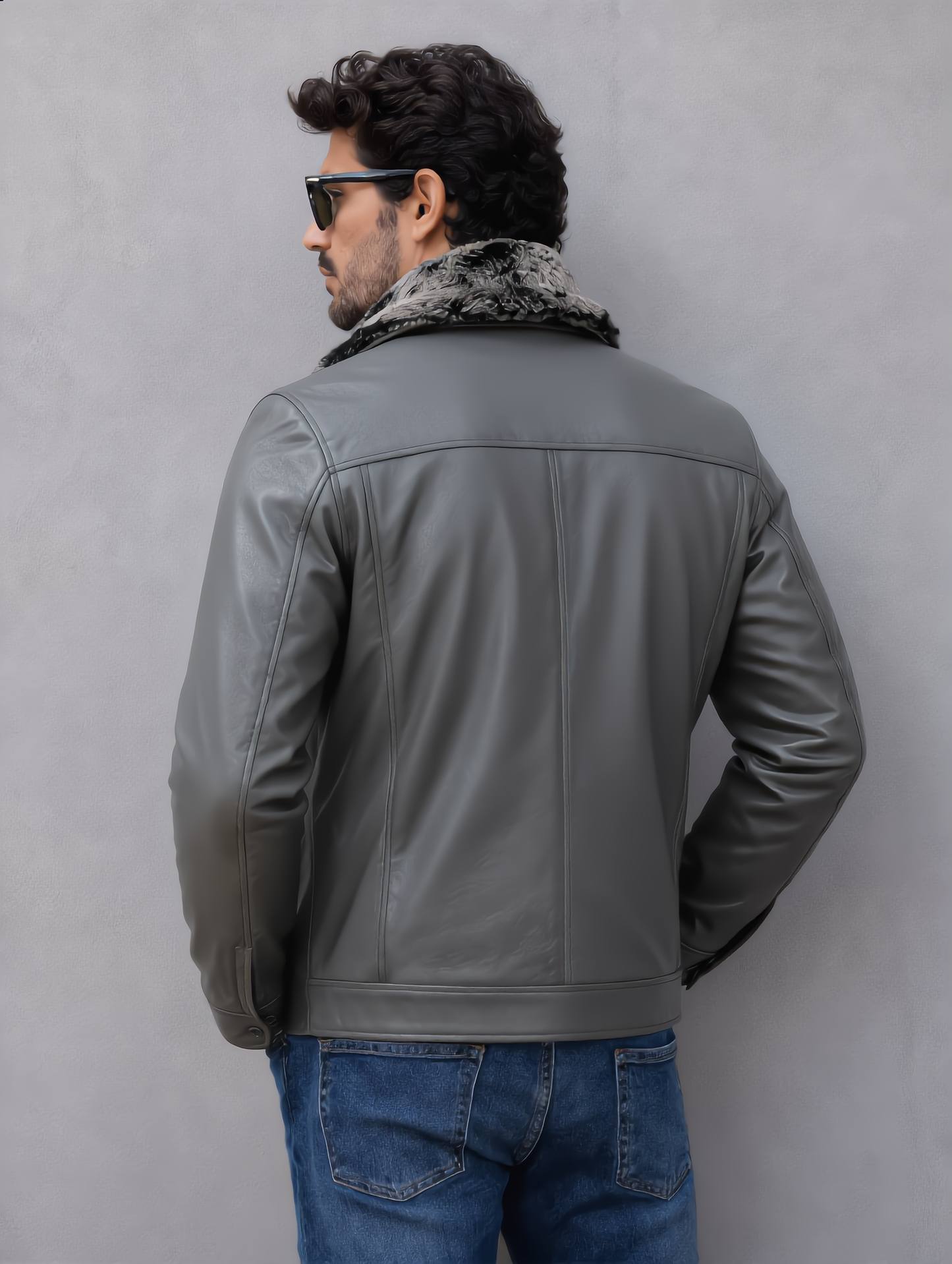 Leather Jacket with Fur Collar - Gray
