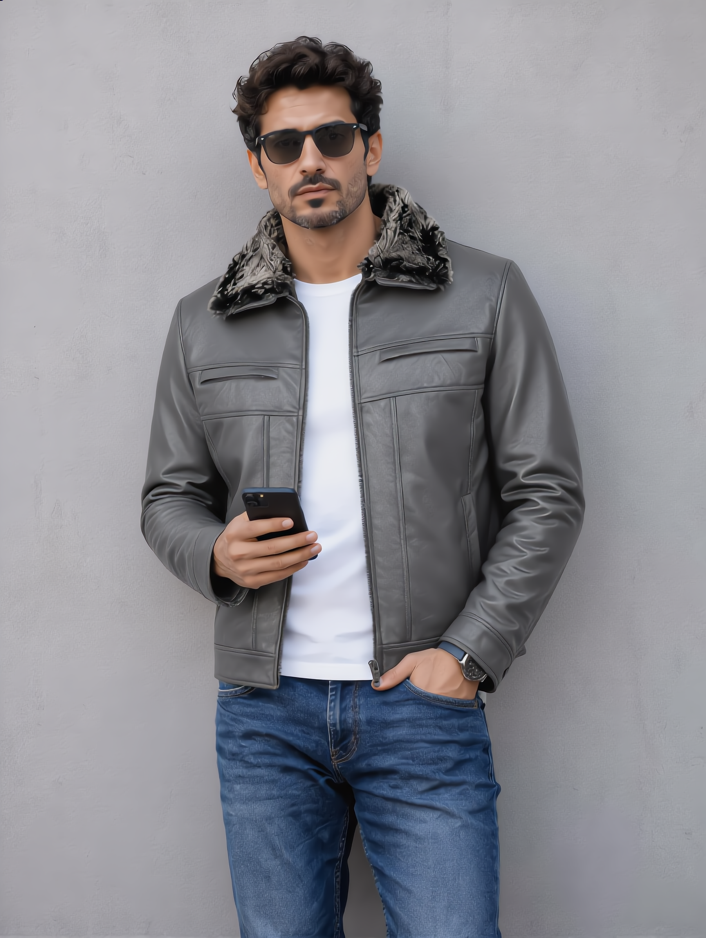 Leather Jacket with Fur Collar - Gray