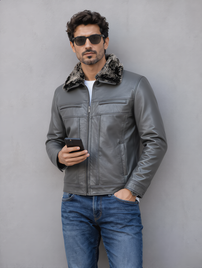 Leather Jacket with Fur Collar - Gray