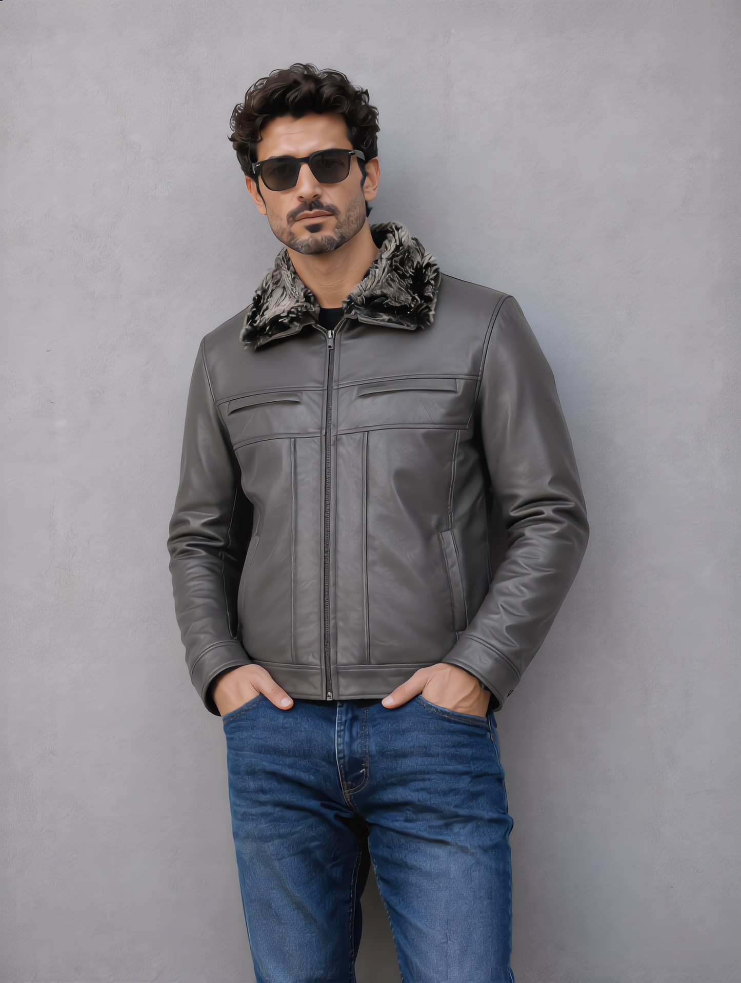 Leather Jacket with Fur Collar - Gray