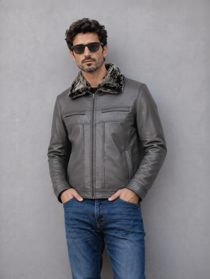 Leather Jacket with Fur Collar - Gray