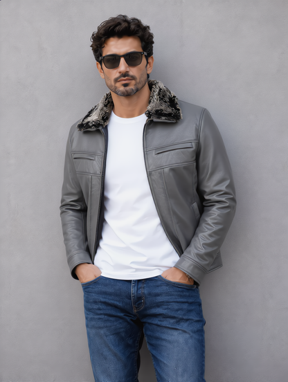 Leather Jacket with Fur Collar - Gray