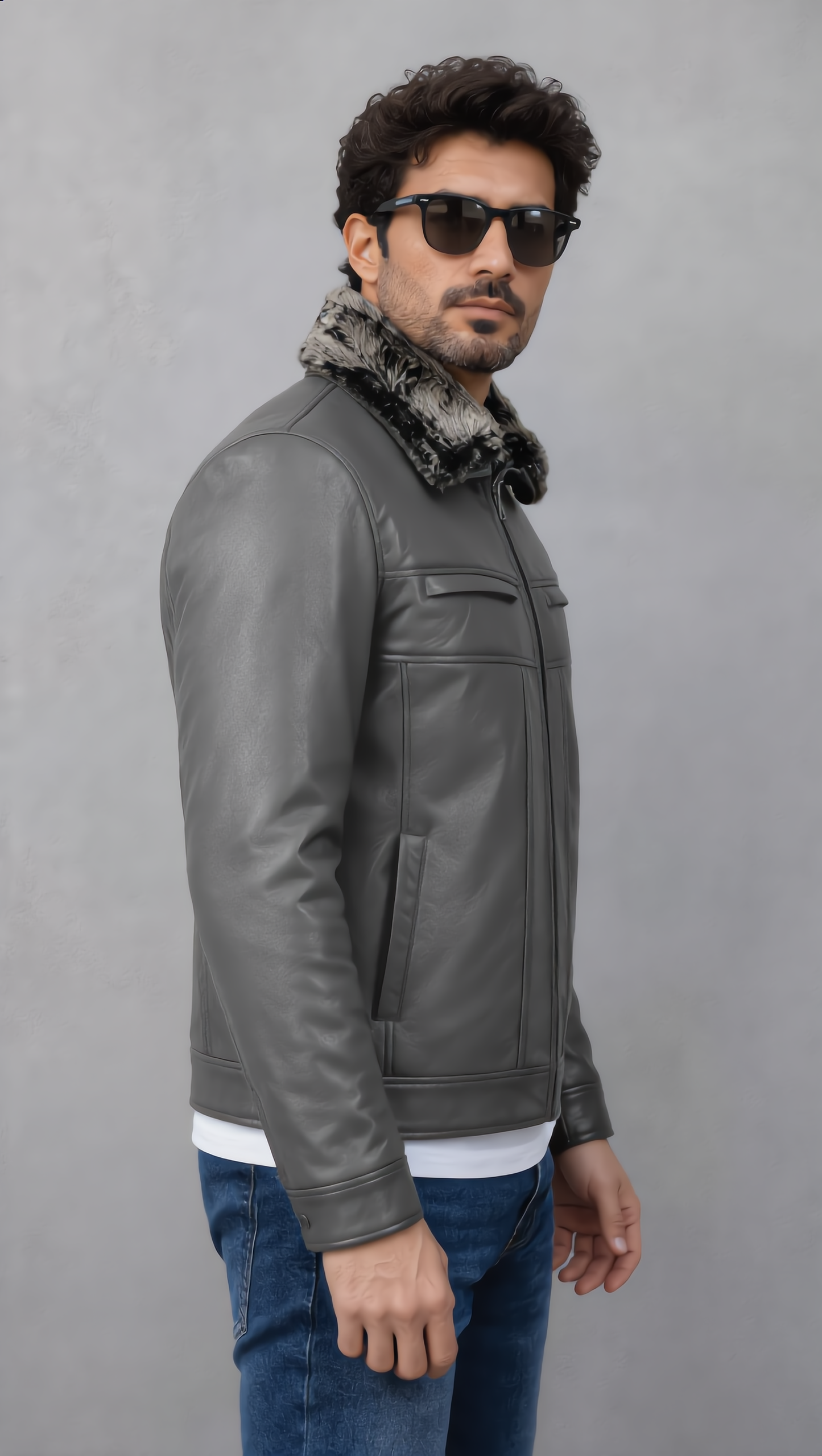 Leather Jacket with Fur Collar - Gray