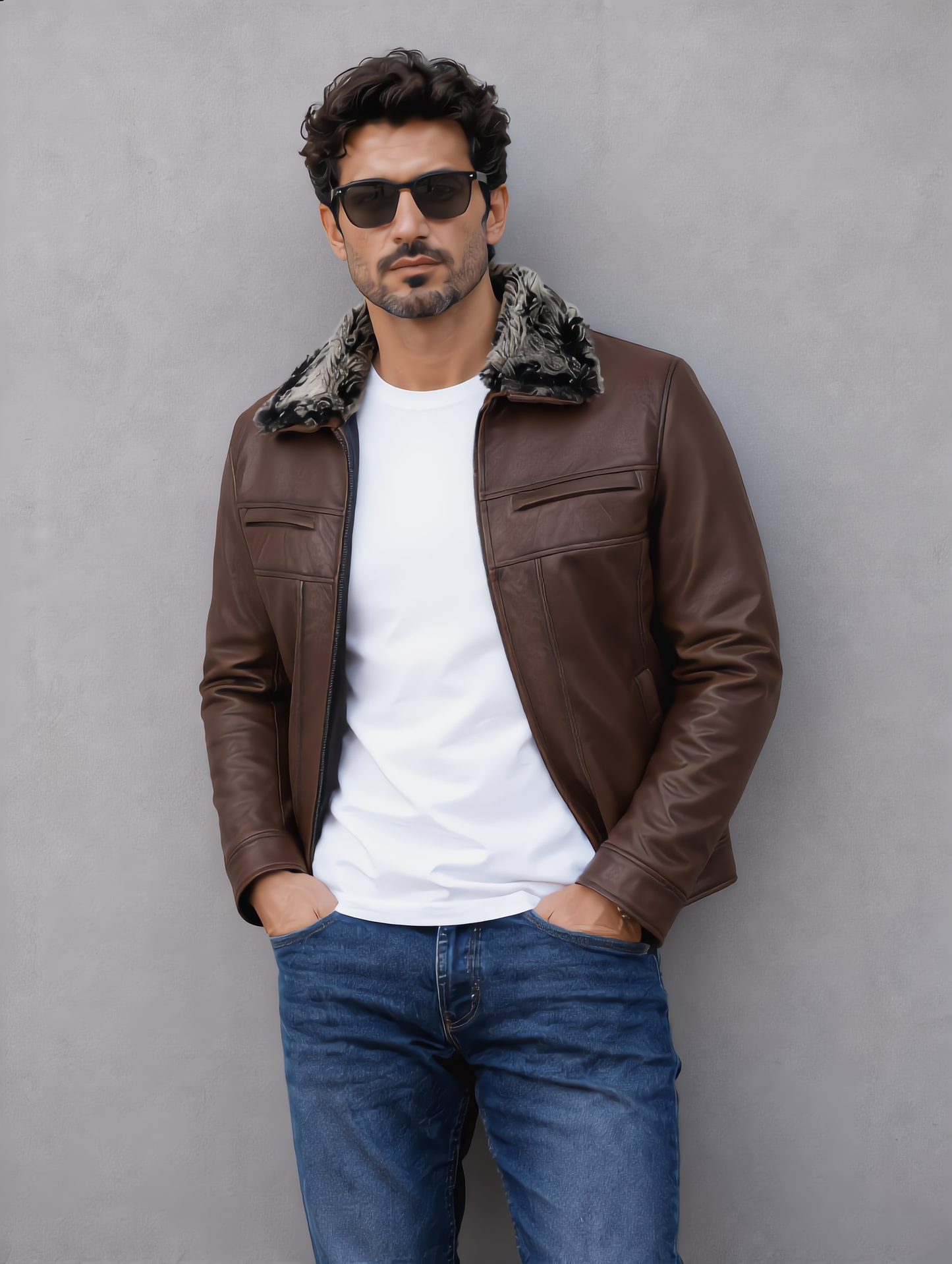 Leather Jacket with Fur Collar - Chocolate