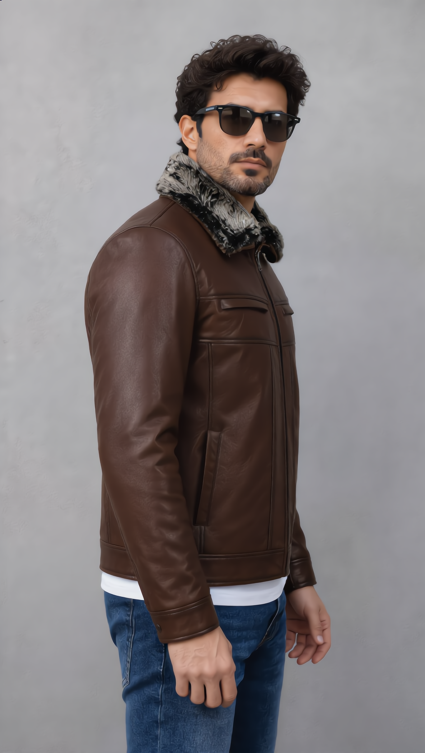 Leather Jacket with Fur Collar - Chocolate