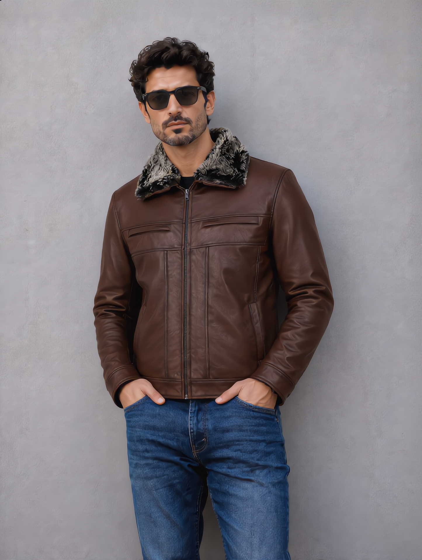 Leather Jacket with Fur Collar - Chocolate