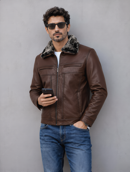 Leather Jacket with Fur Collar - Chocolate