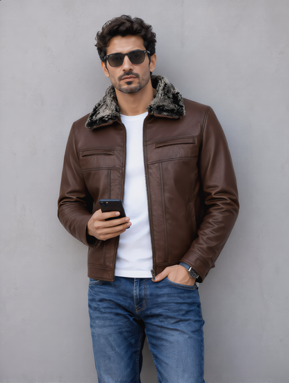 Leather Jacket with Fur Collar - Chocolate