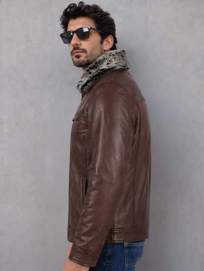 Leather Jacket with Fur Collar - Chocolate