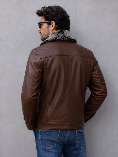 Leather Jacket with Fur Collar - Chocolate