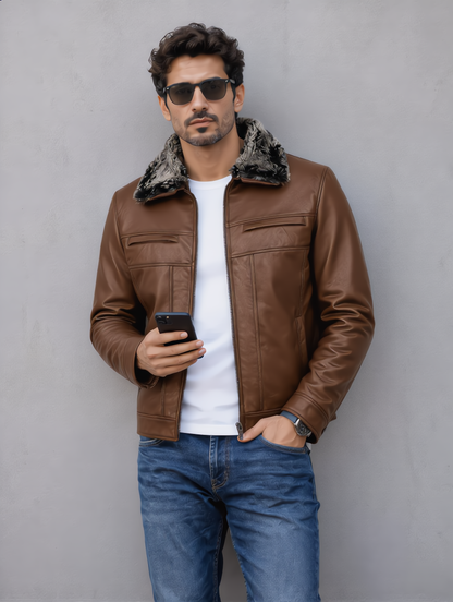 Leather Jacket with Fur Collar - Brown