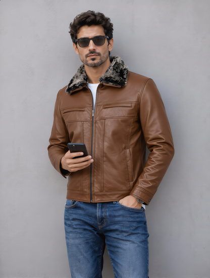 Leather Jacket with Fur Collar - Brown