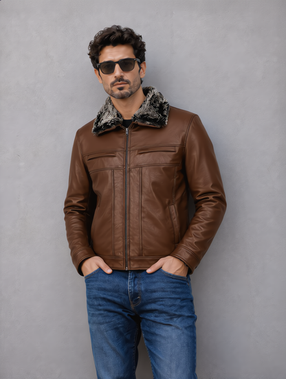 Leather Jacket with Fur Collar - Brown