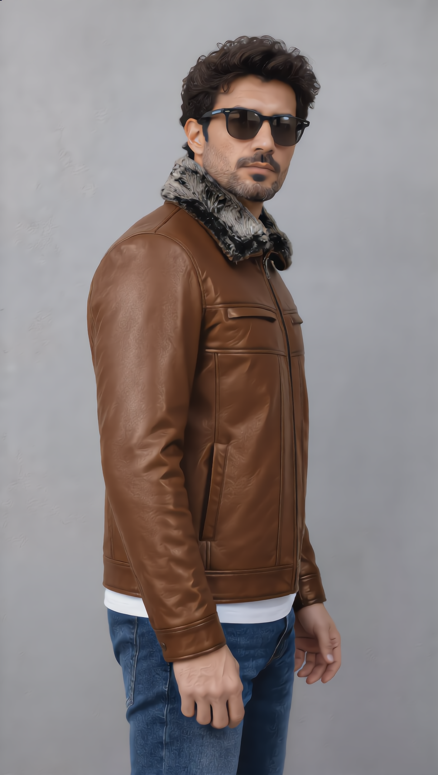 Leather Jacket with Fur Collar - Brown