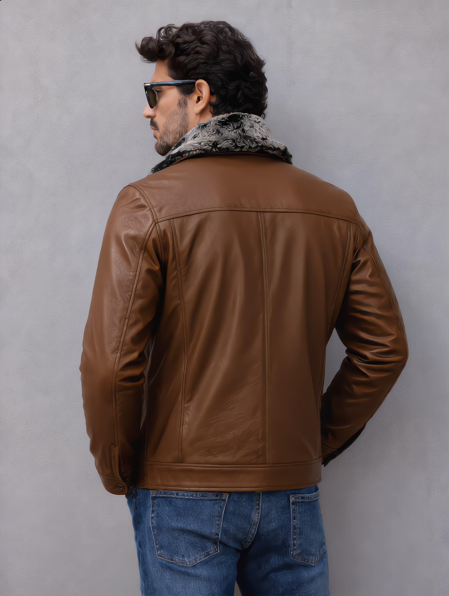 Leather Jacket with Fur Collar - Brown