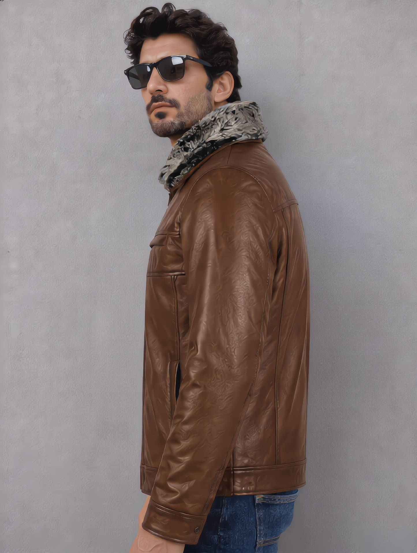 Leather Jacket with Fur Collar - Brown